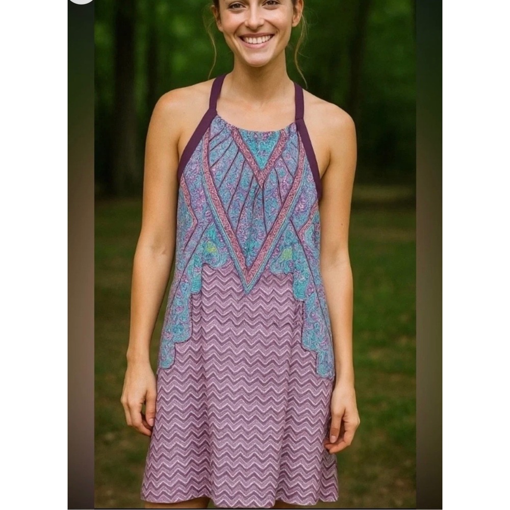prAna Quinn Dress Medium‎ Purple Paisley Geometric Halter Racerback Activewear